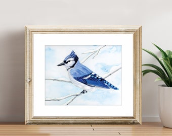 Impressão de belas artes - Blue Jay - Série de animais da floresta de inverno - Impressão artística em aquarela com branco fosco, presente de feriado, presente de Natal