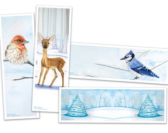 Bookmarks - Set of 4 - Winter Woodland Animals - Handmade, 100% cotton rag heavy weight paper, Stocking Stuffer, Holiday Gift