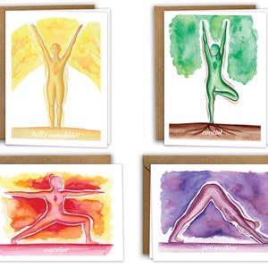 Set di 8 biglietti d'auguri con acquerelli yoga, vuoti, acquerelli originali, Saluto al sole, Posizione dell'albero, Guerriero 2, Incoraggiamento, Amicizia, Amore