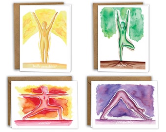 Yoga aquarel wenskaart set van 8, blanco, originele aquarellen, zonnegroet, Tree Pose, Warrior 2, aanmoediging, vriendschap, liefde
