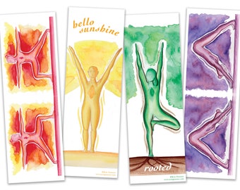 May include: Set of four watercolor bookmarks featuring yoga poses in different colors. The bookmarks feature the text "hello sunshine" and "rooted".