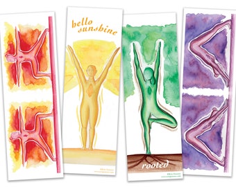 Bookmarks - Set of 4 - The Yoga Series - Warrior 2, Sun Salutation, Tree Pose, Downward Dog, Handmade, 100% cotton rag heavy weight paper