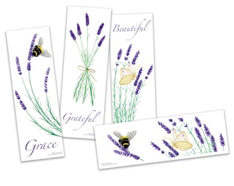 Bookmarks - Set of 4 - The Lavender Series - Bee, Butterfly, Handmade, 100% cotton rag heavy weight paper