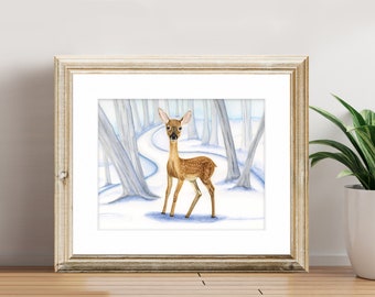 Fine Art Print - Fawn - Winter Woodland Animals Series - Watercolor Art Print with White Matte, Holiday Gift, Christmas Gift