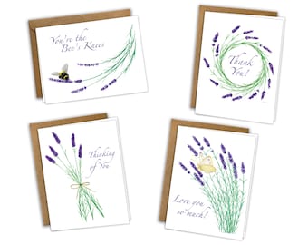 Lavender Greeting Card Set of 8, blank, original watercolor, Lavender, Thank You, Love, Friendship, Bee, Butterfly, Mother's Day