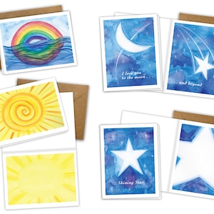 Sky Series Grußkarten Set von 8, Original Aquarell, Himmlisches Thema, Valentinstag, Hallo und Liebesbotschaften