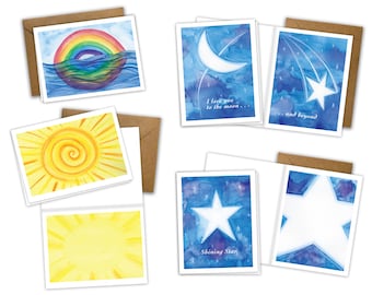 The Sky Series Greeting Card Set of 8, message inside, original watercolor, Hello, Love, Valentine, Sun, Rainbow, Moon, Stars, Celestial