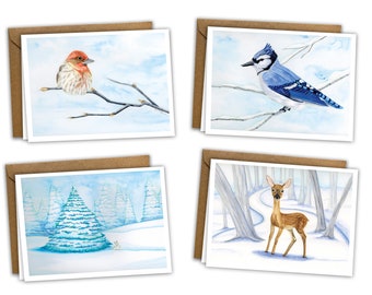Winter Woodland Animals Watercolor Greeting Card Set of 8, blank, original watercolors, House Finch, Blue Jay, Bunny, Fawn, Holiday Cards,