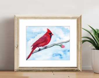 Watercolor Art Print - The Spring Series - Cardinal - Fine Art Print with White Matte