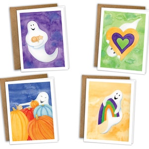 Halloween Grußkarte 8er Set, Gespenster Serie, blanko, original Aquarell, Gespenst, Katze, Kürbisse, Regenbogen, Herz