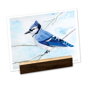 Mini Fine Art Print with Walnut Display Stand - Blue Jay - Winter Woodland Animals Series - Watercolor Art Print, Holiday, Stocking Stuffer