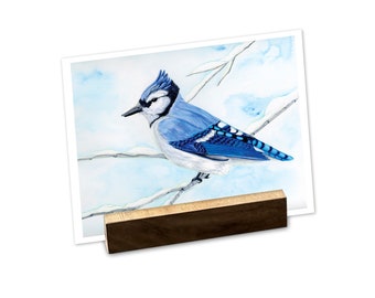Mini Fine Art Print with Walnut Display Stand - Blue Jay - Winter Woodland Animals Series - Watercolor Art Print, Holiday, Stocking Stuffer