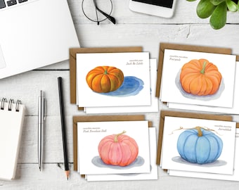 Autumn Pumpkin Greeting Card Set of 8, Pumpkins, blank, original watercolor, with Recipe Cards, Fall, Halloween