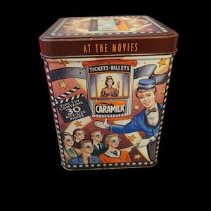 Lata articulada de chocolate Cadbury Caramilk vintage para lanches de cinema