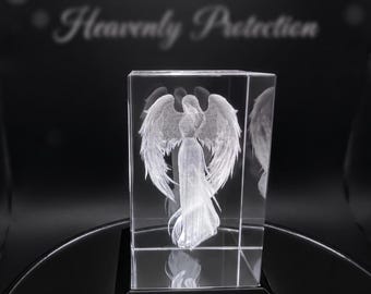 3D Guardian Angel Laser Engraved K9 Crystal Cube with Multi-Color LED Light Base | Spiritual Memorial & Protection Gift