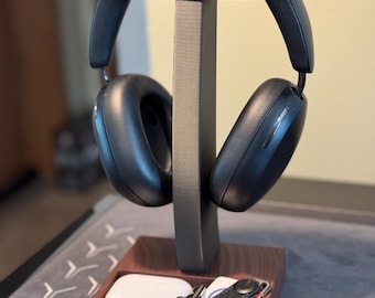 Mid-Century Modern Headphone Stand with Catch-All Tray – Stylish Desk Organizer