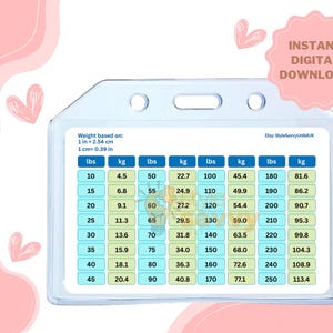 May include: A blue and white printable weight conversion chart with a clear plastic sleeve. The chart shows weight conversions from pounds to kilograms for weights ranging from 10 to 250 pounds.