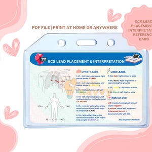 May include: A clear plastic card holder with an ECG Lead Placement & Interpretation Reference Card. The card features diagrams of the chest and limbs with lead placement instructions. Text includes "PDF FILE | PRINT AT HOME OR ANYWHERE".