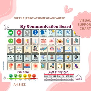 May include: A pink visual support chart titled "My Communication Board" with various icons and text prompts. Includes sections for "Yes," "No," and feelings, plus a pain scale and days of the week. The text "PDF file | Print at home or anywhere" is at the top.