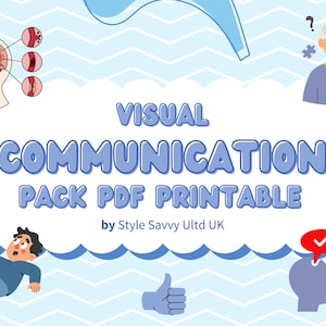 May include: A digital graphic with the text "VISUAL COMMUNICATION PACK PDF PRINTABLE" in blue bubble letters. The image includes illustrations of a brain, eyes, and people with thought bubbles, suggesting a focus on communication and understanding.