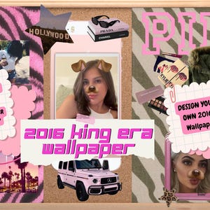 May include: A digital collage template featuring 2016 aesthetic elements including a pink G-Wagon, fashion brand logos, celebrity imagery, and text overlays reading 2016 KING ERA WALLPAPER, DESIGN YOUR OWN 2016s WALLPAPER, and INCLUDED: CANVA TEMPLATE DESKTOP.
