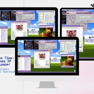 May include: A digital download featuring a Windows XP wallpaper with a retro aesthetic. The wallpaper displays a desktop with multiple open windows, including a "Reverse Time?" prompt and a photo of a woman. The text "Reverse Time - Windows XP Wallpaper" is visible.