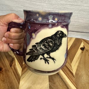 Raven / Crow ceramic handmade mug with thumb rest