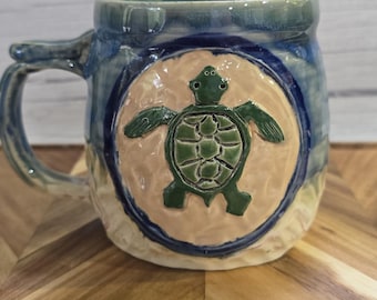 Sea turtle ceramic handmade mug with thumb rest