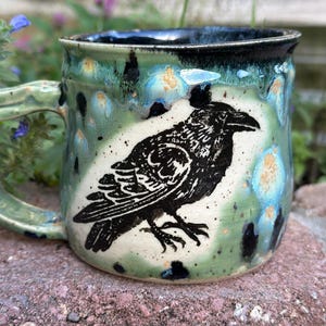 Raven / Crow ceramic handmade mug with thumb rest