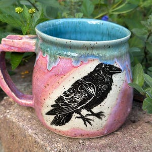Raven / Crow ceramic handmade mug with thumb rest