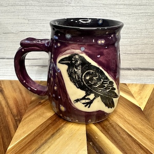 Raven / Crow ceramic handmade mug with thumb rest