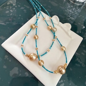 Natural Golden Pearl & Turquoise Designer Necklace