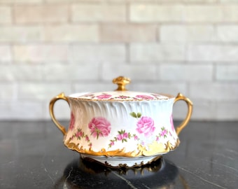 Antique Limoges Floral & Gold Lidded Porcelain Bowl – Hand-Painted Gilded Trinket Box – French Vintage Vanity Decor