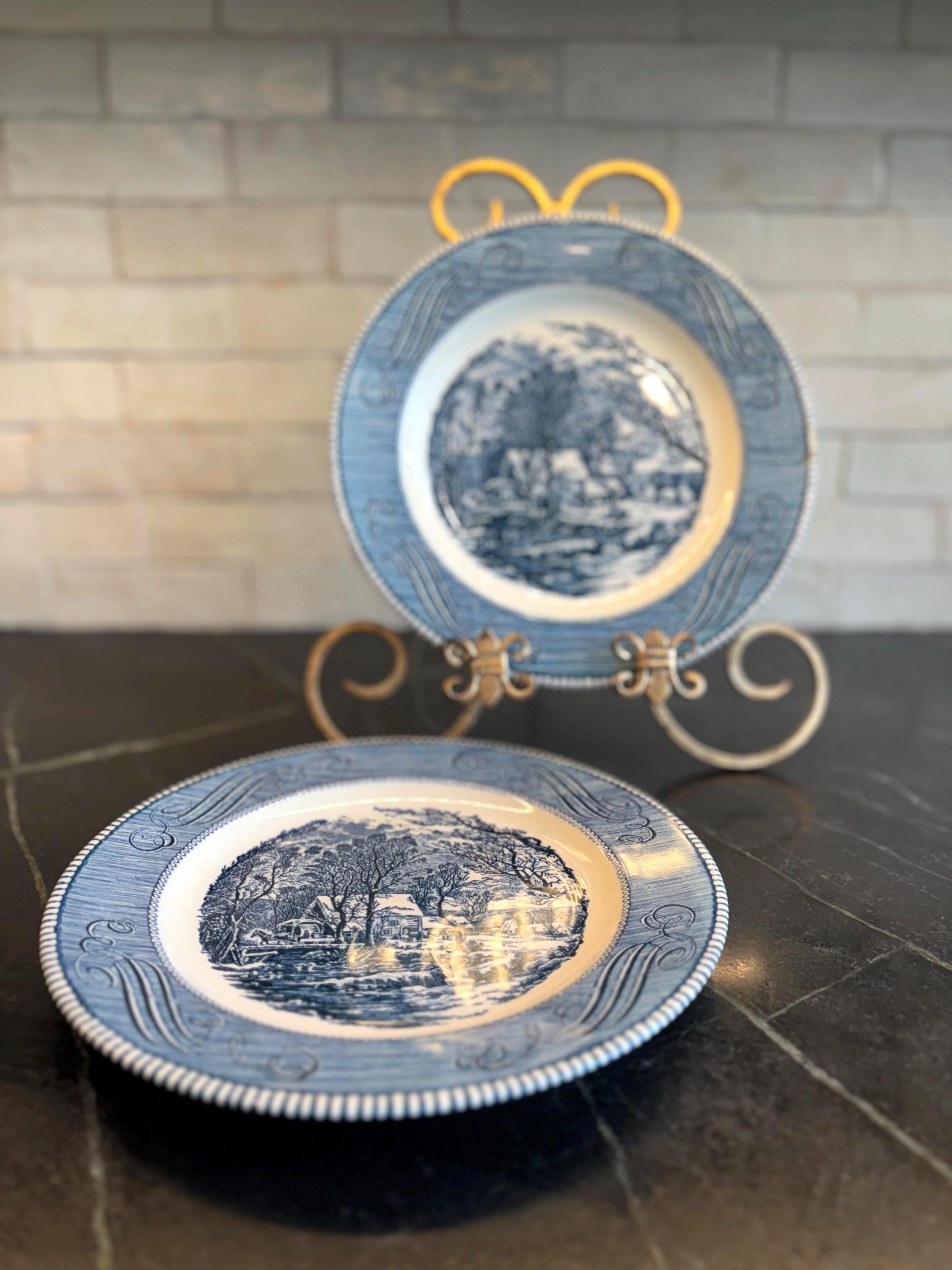 Vintage blue and white Royal Ironstone plates, set of 2 Currier & Ives decorative plates for kitchen or decor