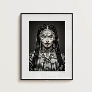 Impresión de retrato de mujer bereber / Arte mural tribal amazigh / Decoración marroquí en blanco y negro / Descarga digital de herencia norteafricana