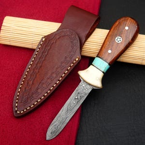 Handmade Damascus Steel Oyster Knife | Turquoise & Bone Handle, Leather Sheath