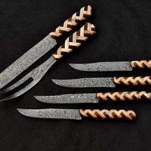 Set of 4 Custom Handmade Damascus Steel Steak Knives with Damascus Carving Knife and fork set with leather roll