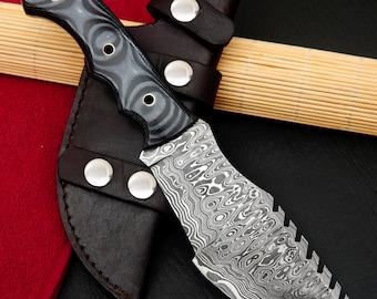 Handmade Damascus Steel Tracker Knife – Micarta Handle, Leather Sheath