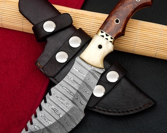 Handmade Damascus Steel Tracker Knife – Bone, Brass and Wood Handle, Leather Sheath