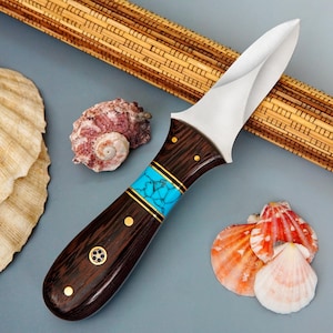 Custom Handmade Oyster Knife Turquoise & Wenge Wood Handle  Shucking Knife  Leather Sheath, 7-inch