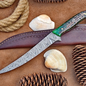 Custom Hand Made Damascus Steel Fillet Knife For Fish and Meat |  – Boning Knife with Pine Cone Resin Handle 12&quot; Custom Gift - 2
