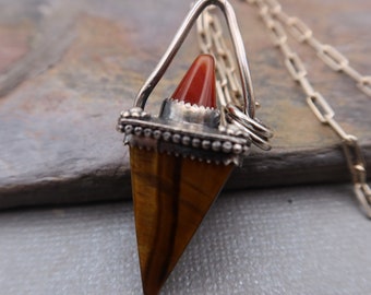 Tiger's Eye Pyramid and Red Agate bullet statement necklace