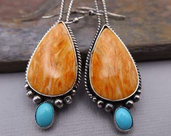 Sterling Silver Metalsmith Earrings Orange Spiny Oyster Turquoise and Blue Turquoise