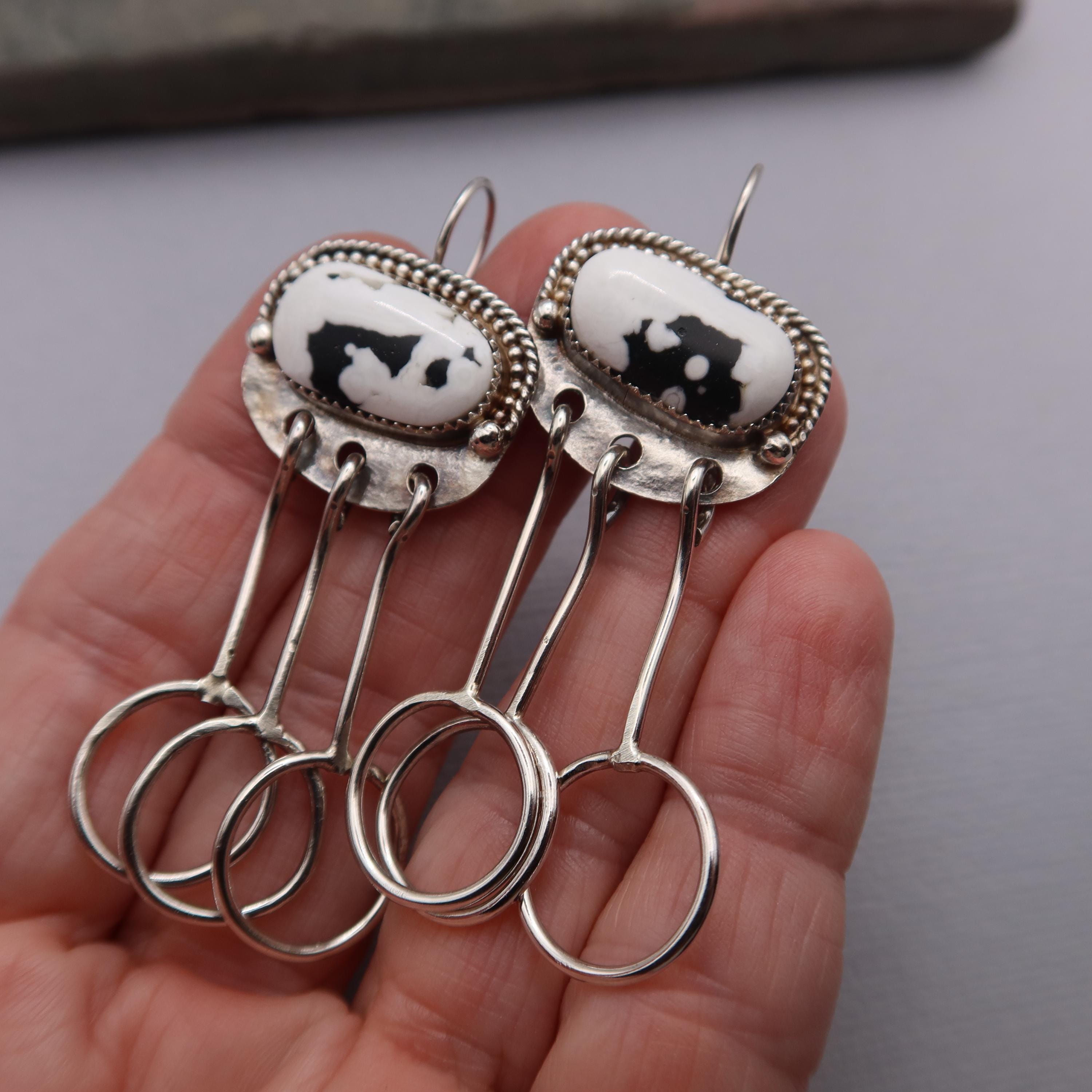 White Buffalo and Black Onyx Earrings~ Sterling Silver  Artisan White Buffalo  Oval & Silver Hoop Drop Earrings main image 2