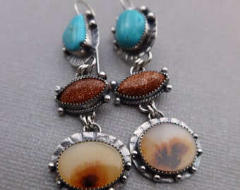 Triple Gemstone Sterling Silver Earrings Turquoise, Sunstone and Dendritic Agate