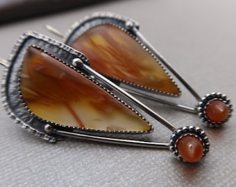 Agate and Carnelian Bullet Sterling Silver Metalsmith Earrings