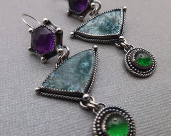 SALE/Clearance Triple Gemstone Tide Seam Agate, Emerald and Amethyst Sterling Silver Artisan Earrings