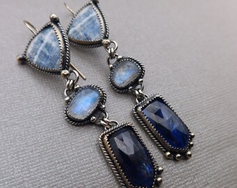 Triple Drop Gemstone Collage Sterling Silver earrings Blue Kyanite, Rainbow Moonstone and Blue Scheelite