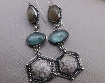 Linear Drop Earrings Sterling Silver Fossil Coral, Aqua Kyanite and Silver Sapphire