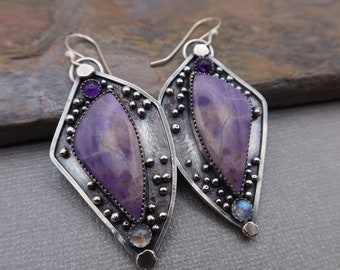 Purple Jade, Amethyst and Rainbow Moonstone Statement Metalsmith Earrings